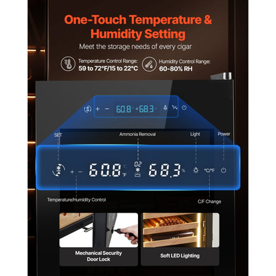 Ηλεκτρικός Υγραντήρας VEVOR, 70L, Ηλεκτρικός Υγραντήρας Πούρων 400 τεμαχίων με Ψύξη με Συμπιεστή, Σταθερό Έλεγχο Υγρασίας και Θερμοκρασίας, Ράφια & Συρτάρια από Ισπανικό Κέδρο, 4 Στρώσεις, για Οικιακή Χρήση