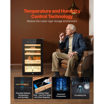 Ηλεκτρικός Υγραντήρας VEVOR, 70L, Ηλεκτρικός Υγραντήρας Πούρων 400 τεμαχίων με Ψύξη με Συμπιεστή, Σταθερό Έλεγχο Υγρασίας και Θερμοκρασίας, Ράφια & Συρτάρια από Ισπανικό Κέδρο, 4 Στρώσεις, για Οικιακή Χρήση