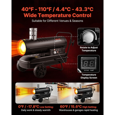 Θερμαντήρας κηροζίνης ντίζελ VEVOR 20kW με εξαναγκασμένο αέρα, φορητός θερμαντήρας χώρου τορπίλης με ρόδες και ρυθμιζόμενη θερμοκρασία, τύπου φυσητήρα για εργοτάξια/γκαράζ/αποθήκη/εργαστήριο/εξωτερική θέρμανση, μαύρο