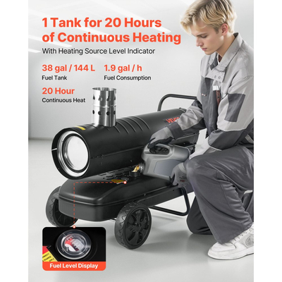Θερμαντήρας κηροζίνης ντίζελ VEVOR 20kW με εξαναγκασμένο αέρα, φορητός θερμαντήρας χώρου τορπίλης με ρόδες και ρυθμιζόμενη θερμοκρασία, τύπου φυσητήρα για εργοτάξια/γκαράζ/αποθήκη/εργαστήριο/εξωτερική θέρμανση, μαύρο