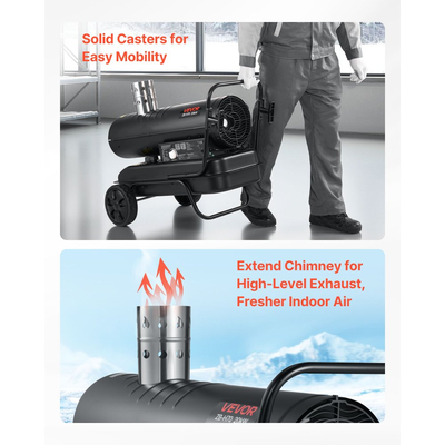 Θερμαντήρας κηροζίνης ντίζελ VEVOR 20kW με εξαναγκασμένο αέρα, φορητός θερμαντήρας χώρου τορπίλης με ρόδες και ρυθμιζόμενη θερμοκρασία, τύπου φυσητήρα για εργοτάξια/γκαράζ/αποθήκη/εργαστήριο/εξωτερική θέρμανση, μαύρο