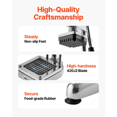 Κόφτης τηγανητών πατατών VEVOR Επαγγελματικός, Κόφτης λαχανικών φρούτων από ανοξείδωτο ατσάλι με 3 ανταλλακτικές λεπίδες 12,7mm 9,5mm 6,4mm, Χειροκίνητος κόφτης πατάτας σε κύβους για εστιατόρια και οικιακή κουζίνα
