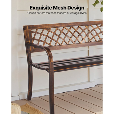 Εξωτερικός πάγκος VEVOR, 116 cm, μεταλλικό πλαίσιο από ανθρακούχο χάλυβα με πλάτη από πλέγμα PVC και μπράτσα με στρογγυλή άκρη, ανθεκτικός στις καιρικές συνθήκες εξωτερικός πάγκος για βεράντα, κήπο, πάρκο, αυλή, μπροστινή βεράντα, αντίκα μπρούντζος