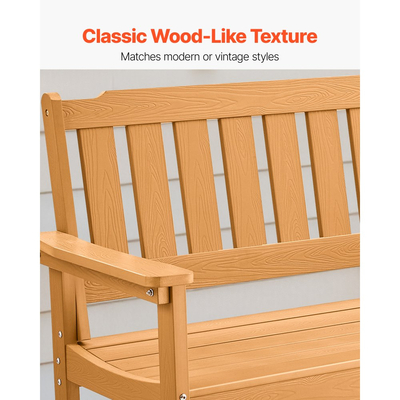 Πάγκος εξωτερικού χώρου VEVOR, 128 cm, χωρητικότητα βάρους 363 kg για 2-3 άτομα, ανθεκτικό στις καιρικές συνθήκες πλαστικό πλαίσιο με πλάτη και φαρδιά μπράτσα, εξωτερικός πάγκος για βεράντα, κήπο, πάρκο, αυλή, φυσικό χρώμα ξύλου