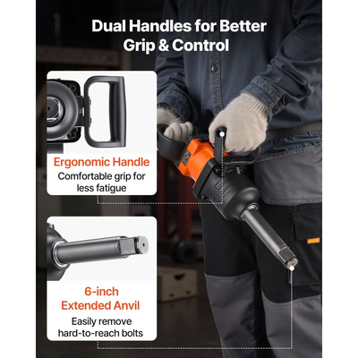 Κρουστικό κλειδί αέρα VEVOR 1 ίντσας, ροπή σπάσιμο παξιμαδιών έως 2400N.m, πνευματικό πιστόλι κρούσης 6 ταχυτήτων 6000RPM με εκτεταμένο αμόνι 152,4 mm για βαρέα φορτηγά, λεωφορεία, γεωργικά μηχανήματα