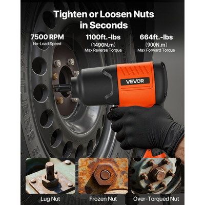 Κρουστικό κλειδί αέρα VEVOR, πνευματικό κρουστικό κλειδί 1/2" με κίνηση έως 1490N.m αντίστροφη ροπή, ρυθμιζόμενο και ελαφρύ πνευματικό πιστόλι 4 ταχυτήτων 7500RPM για επισκευές και συντήρηση αυτοκινήτων