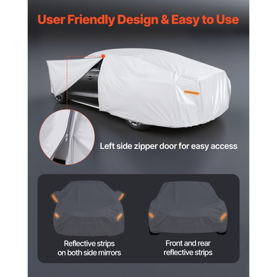 Κάλυμμα αυτοκινήτου VEVOR, Αδιάβροχο κάλυμμα αυτοκινήτου για μεσαίου μεγέθους ευρωπαϊκά μοντέλα αυτοκινήτων Sedan, Προσαρμοσμένη εφαρμογή παντός καιρού, ήλιος, βροχή, άνεμος, σκόνη, χιόνι, προστασία από σκόνη, πλήρες εξωτερικό κάλυμμα με φερμουάρ πόρτας και βαμβακερή επένδυση, ασημί