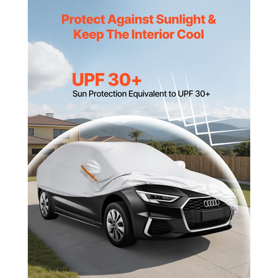 Κάλυμμα αυτοκινήτου VEVOR, Αδιάβροχο κάλυμμα αυτοκινήτου για μεσαίου μεγέθους ευρωπαϊκά μοντέλα αυτοκινήτων Sedan, Προσαρμοσμένη εφαρμογή παντός καιρού, ήλιος, βροχή, άνεμος, σκόνη, χιόνι, προστασία από σκόνη, πλήρες εξωτερικό κάλυμμα με φερμουάρ πόρτας και βαμβακερή επένδυση, ασημί