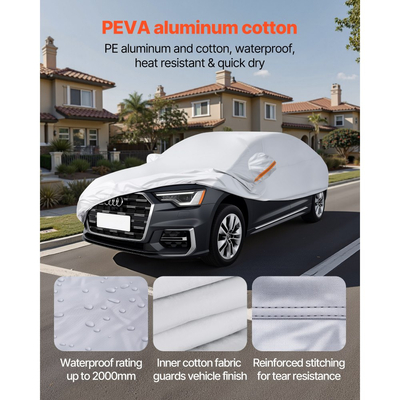 Κάλυμμα αυτοκινήτου VEVOR, Αδιάβροχο κάλυμμα αυτοκινήτου για μοντέλα ευρωπαϊκών αυτοκινήτων Sedan πλήρους μεγέθους, Προσαρμοσμένη εφαρμογή παντός καιρού, ήλιος, βροχή, άνεμος, σκόνη, χιόνι, προστασία από σκόνη, πλήρες εξωτερικό κάλυμμα με φερμουάρ πόρτας και βαμβακερή επένδυση, ασημί