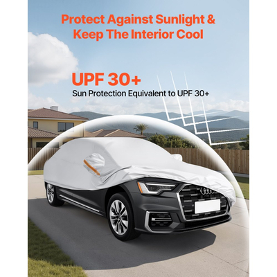 Κάλυμμα αυτοκινήτου VEVOR, Αδιάβροχο κάλυμμα αυτοκινήτου για μοντέλα ευρωπαϊκών αυτοκινήτων Sedan πλήρους μεγέθους, Προσαρμοσμένη εφαρμογή παντός καιρού, ήλιος, βροχή, άνεμος, σκόνη, χιόνι, προστασία από σκόνη, πλήρες εξωτερικό κάλυμμα με φερμουάρ πόρτας και βαμβακερή επένδυση, ασημί