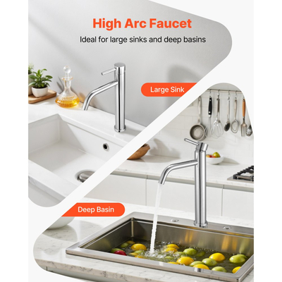 Βρύση νεροχύτη VEVOR με μία λαβή, επιχρωμιωμένη ασημένια βρύση νεροχύτη κουζίνας, βρύσες νερού κουζίνας 1 ή 3 οπών με αποστράγγιση με κουμπί, κατάλληλες για μπάνιο, τροχόσπιτο, μπαρ, δημόσιες τουαλέτες, βρύση υψηλού τόξου