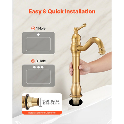 Βρύση νεροχύτη VEVOR μονής λαβής, βρύση κουζίνας μονής λαβής από συμπαγή ορείχαλκο, βρύσες κουζίνας 1 ή 3 οπών με αποστράγγιση με κουμπί, κατάλληλες για μπάνιο, τροχόσπιτο, μπαρ, δημόσιες τουαλέτες, σχεδιασμός κατά της αντίστροφης ροής