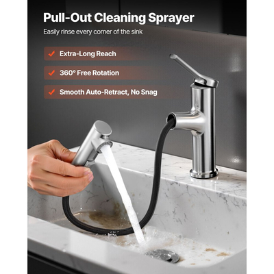 Βρύση νεροχύτη VEVOR μονής λαβής, βρύση μονής λαβής με τράβηγμα 1 ή 3 οπών, βρύσες νεροχύτη από βουρτσισμένο ανοξείδωτο ατσάλι με διακόπτη με μπουτόν, κατάλληλες για μπάνιο, τροχόσπιτο, δημόσιες τουαλέτες, χωρίς μόλυβδο