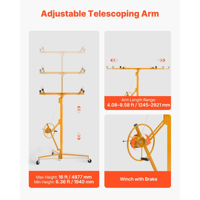 Ανυψωτικό γυψοσανίδας VEVOR 4877 mm, βαρέως τύπου ανυψωτικό γυψοσανίδας 68 kg με ρυθμιζόμενο τηλεσκοπικό βραχίονα, κλειδώσιμους τροχούς, εργαλεία ανύψωσης γυψοσανίδας με γρύλο πάνελ, ιδανικά για εγκατάσταση σε οροφή και τοίχο (Κίτρινο)