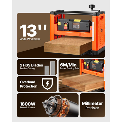 Πλάνη πάχους VEVOR, δύο λεπίδων, πλάτος εργασίας 330 mm, ισχυρός κινητήρας 1800W 23500 σ.α.λ., διπλοί κύλινδροι, προστασία από υπερφόρτωση, ξυλουργική μονής ταχύτητας, για σκληρό και μαλακό ξύλο