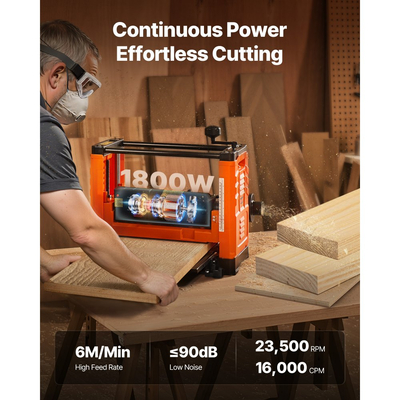 Πλάνη πάχους VEVOR, δύο λεπίδων, πλάτος εργασίας 330 mm, ισχυρός κινητήρας 1800W 23500 σ.α.λ., διπλοί κύλινδροι, προστασία από υπερφόρτωση, ξυλουργική μονής ταχύτητας, για σκληρό και μαλακό ξύλο