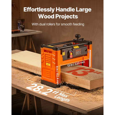 Πλάνη πάχους VEVOR, δύο λεπίδων, πλάτος εργασίας 330 mm, ισχυρός κινητήρας 1800W 23500 σ.α.λ., διπλοί κύλινδροι, προστασία από υπερφόρτωση, ξυλουργική μονής ταχύτητας, για σκληρό και μαλακό ξύλο