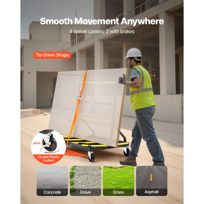 Τροχήλατο καρότσι γυψοσανίδας VEVOR, χωρητικότητα φορτίου 816 kg, τροχήλατο καρότσι από ατσάλι με 4 περιστρεφόμενους τροχούς και επεκτάσιμη πλατφόρμα, πτυσσόμενο καρότσι φορτηγού με ιμάντα πρόσδεσης για χειρισμό κόντρα πλακέ, γυψοσανίδας, γυαλιού