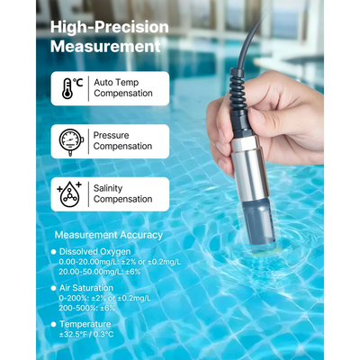 Μετρητής διαλυμένου οξυγόνου VEVOR, εύρος μέτρησης 0,0-50,0 mg/L, φορητό κιτ μέτρησης διαλυμένου οξυγόνου με καλώδιο ηλεκτροδίου 4 m, μεταφορά δεδομένων Bluetooth/USB, αποθήκευση 750 συνόλων δεδομένων, μετρητής DO για λίμνες