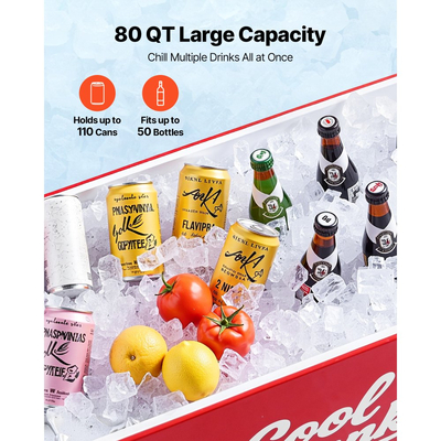 VEVOR 75,71 L κυλιόμενο παγοθήκη, χωράει έως 50 μπουκάλια / 110 κουτάκια, φορητό καρότσι ψυγείου ποτών για πάρτι σε εξωτερικό χώρο με 4 περιστρεφόμενους τροχούς (2 με φρένα), καρότσι ψυγείου ποτών με ανοιχτήρι μπουκαλιών, κόκκινο