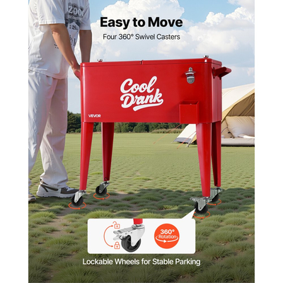 VEVOR 75,71 L κυλιόμενο παγοθήκη, χωράει έως 50 μπουκάλια / 110 κουτάκια, φορητό καρότσι ψυγείου ποτών για πάρτι σε εξωτερικό χώρο με 4 περιστρεφόμενους τροχούς (2 με φρένα), καρότσι ψυγείου ποτών με ανοιχτήρι μπουκαλιών, κόκκινο