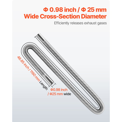 Σωλήνας εξάτμισης VEVOR, Εύκαμπτος σωλήνας εξάτμισης θερμαντήρα ντίζελ 1200 mm, Σωλήνας εξάτμισης από ανοξείδωτο χάλυβα με 2 σφιγκτήρες σωλήνων, Κιτ σωλήνων εξάτμισης Αξεσουάρ θερμαντήρα ντίζελ για θερμαντήρες ντίζελ 2KW 5KW 8KW