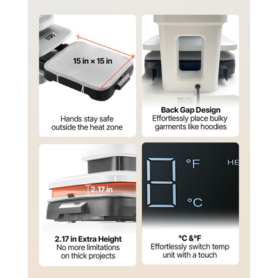 Αυτόματη πρέσα θερμότητας VEVOR, 38 x 38 cm, Μηχανή πρέσας για μπλουζάκια με αυτόματη απελευθέρωση και ρυθμιζόμενη πίεση, ψηφιακή οθόνη, ταχεία θέρμανση, για εξάχνωση, βινύλιο, έργα μεταφοράς θερμότητας, λευκό