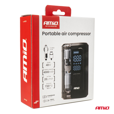ΚΟΜΠΡΕΣΕΡ ΑΕΡΑ ΕΠΑΝΑΦΟΡΤΙΖΟΜΕΝΟ 12V & USB-C 10BAR 150PSI 20L/MIN 40W AMIO 1ΤΕΜ.
