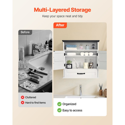 Ντουλάπι τοίχου μπάνιου VEVOR, 2 πόρτες & ρυθμιζόμενο ράφι, πάνω από το ντουλάπι αποθήκευσης φαρμάκων πάνω από την τουαλέτα, κρεμαστός οργανωτής με συρτάρι & ανοιχτό χώρισμα για πλυντήριο κουζίνας/τουαλέτας, λευκό