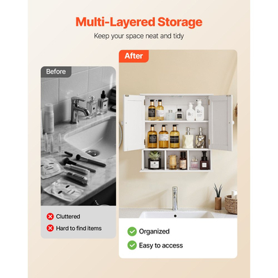 Ντουλάπι τοίχου μπάνιου VEVOR, 2 πόρτες & ρυθμιζόμενο ράφι, πάνω από το ντουλάπι αποθήκευσης φαρμάκων πάνω από την τουαλέτα, κρεμαστός οργανωτής με ράφια & ανοιχτό χώρισμα για πλυντήριο κουζίνας/τουαλέτας, λευκό