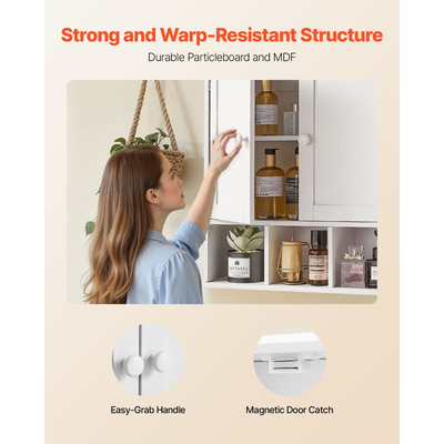 Ντουλάπι τοίχου μπάνιου VEVOR, 2 πόρτες & ρυθμιζόμενο ράφι, πάνω από το ντουλάπι αποθήκευσης φαρμάκων πάνω από την τουαλέτα, κρεμαστός οργανωτής με ράφια & ανοιχτό χώρισμα για πλυντήριο κουζίνας/τουαλέτας, λευκό