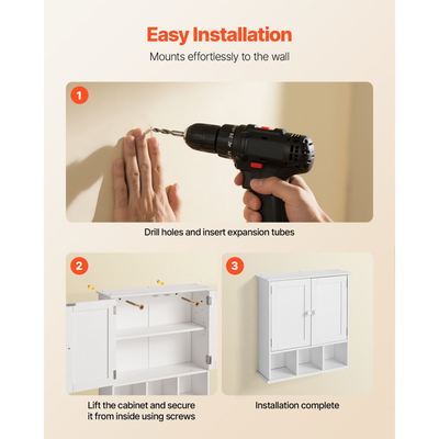 Ντουλάπι τοίχου μπάνιου VEVOR, 2 πόρτες & ρυθμιζόμενο ράφι, πάνω από το ντουλάπι αποθήκευσης φαρμάκων πάνω από την τουαλέτα, κρεμαστός οργανωτής με ράφια & ανοιχτό χώρισμα για πλυντήριο κουζίνας/τουαλέτας, λευκό