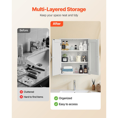 Ντουλάπι τοίχου μπάνιου VEVOR, 2 πόρτες και ρυθμιζόμενο ράφι, πάνω από το ντουλάπι αποθήκευσης φαρμάκων στην τουαλέτα, κρεμαστός οργανωτής εξοικονόμησης χώρου με ράφια για πλυντήριο κουζίνας και τουαλέτας, λευκό