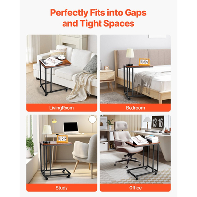 Τραπέζι VEVOR C, Βοηθητικό τραπεζάκι καναπέ σε σχήμα C με μεταλλικό σκελετό και ρολά, Φορητή βάση σε σχήμα C για σαλόνι, υπνοδωμάτιο, γραφείο, βοηθητικά τραπεζάκια φορητού υπολογιστή 19,69 x 13,78 x 23,82 ίντσες, καφέ και μαύρο