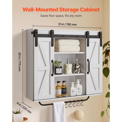 Ντουλάπι τοίχου μπάνιου VEVOR, 2 πόρτες και ρυθμιζόμενο ράφι, πάνω από το ντουλάπι αποθήκευσης φαρμάκων στην τουαλέτα, κρεμαστός οργανωτής με ανοιχτό χώρισμα/ράβδο πετσετών/γάντζους για πλυντήριο κουζίνας, λευκό