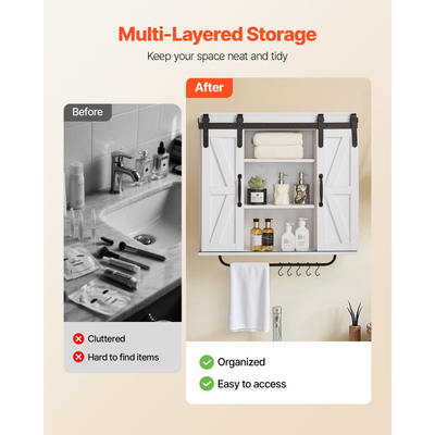 Ντουλάπι τοίχου μπάνιου VEVOR, 2 πόρτες και ρυθμιζόμενο ράφι, πάνω από το ντουλάπι αποθήκευσης φαρμάκων στην τουαλέτα, κρεμαστός οργανωτής με ανοιχτό χώρισμα/ράβδο πετσετών/γάντζους για πλυντήριο κουζίνας, λευκό