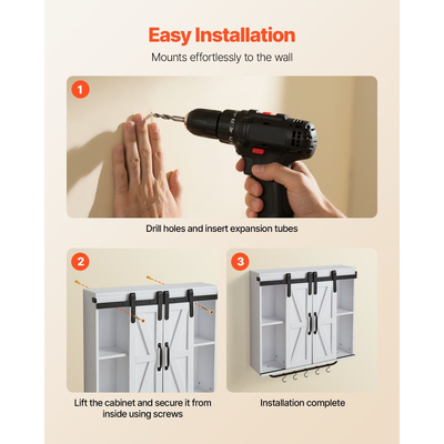 Ντουλάπι τοίχου μπάνιου VEVOR, 2 πόρτες και ρυθμιζόμενο ράφι, πάνω από το ντουλάπι αποθήκευσης φαρμάκων στην τουαλέτα, κρεμαστός οργανωτής με ανοιχτό χώρισμα/ράβδο πετσετών/γάντζους για πλυντήριο κουζίνας, λευκό