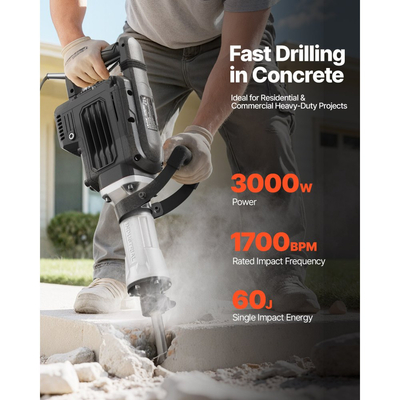 Σφυρί κατεδάφισης VEVOR, Ισχυρό ηλεκτρικό σφυρί 3000 W, Θραυστήρας σκυροδέματος 1700 BPM με αιχμηρή σμίλη, Θήκη μεταφοράς, Γάντια, Προστατευτικά γυαλιά, για σκυρόδεμα, τοίχο, τούβλο, πλακάκια και θεμέλια