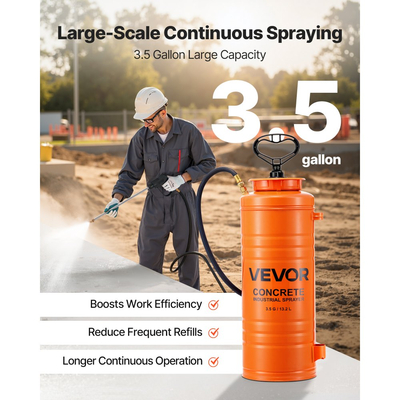 Βιομηχανικός ψεκαστήρας σκυροδέματος VEVOR, ψεκαστήρας από ανοξείδωτο χάλυβα 14L, ψεκαστήρες τριπλής αντλίας βαρέως τύπου, ράβδος 52cm με εργονομική λαβή πιστολιού, σωλήνες 1,2m & 3m, 2 ορειχάλκινα ακροφύσια για κατασκευές, κήπος