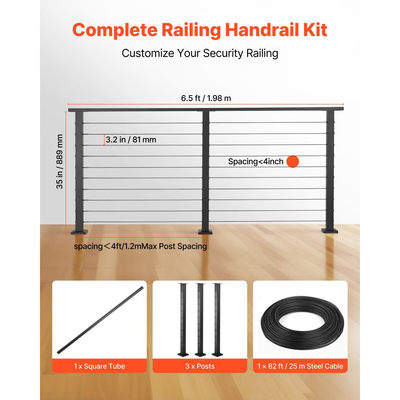 VEVOR Πλήρες κιτ κιγκλιδώματος καλωδίων 198 cm με στύλο, ψηλό ματ μαύρο κιγκλίδωμα από ανοξείδωτο ατσάλι με δυνατότητα κοπής 89 cm για εξωτερικά/εσωτερικά σκαλοπάτια, σύστημα κιγκλιδωμάτων με τρύπες για σκάλες, βεράντα, μπαλκόνι