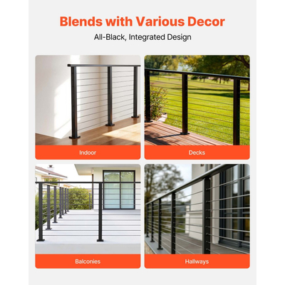 VEVOR Πλήρες κιτ κιγκλιδώματος καλωδίων 198 cm με στύλο, ψηλό ματ μαύρο κιγκλίδωμα από ανοξείδωτο ατσάλι με δυνατότητα κοπής 89 cm για εξωτερικά/εσωτερικά σκαλοπάτια, σύστημα κιγκλιδωμάτων με τρύπες για σκάλες, βεράντα, μπαλκόνι