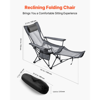 Ανακλινόμενη καρέκλα κάμπινγκ VEVOR, 4 ρυθμιζόμενες θέσεις, φορητή πτυσσόμενη ξαπλώστρα για ενήλικες, καρέκλα παραλίας από πλέγμα με προσκέφαλο και υποπόδιο, υποστηρίζει 120 λίβρες, βαριές καρέκλες κάμπινγκ για βεράντα, γκρι