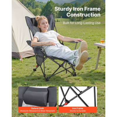 Ανακλινόμενη καρέκλα κάμπινγκ VEVOR, 4 ρυθμιζόμενες θέσεις, φορητή πτυσσόμενη ξαπλώστρα για ενήλικες, καρέκλα παραλίας από πλέγμα με προσκέφαλο και υποπόδιο, υποστηρίζει 120 λίβρες, βαριές καρέκλες κάμπινγκ για βεράντα, γκρι