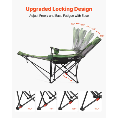 Ανακλινόμενη καρέκλα κάμπινγκ VEVOR, 4 ρυθμιζόμενες θέσεις, φορητή πτυσσόμενη ξαπλώστρα για ενήλικες, καρέκλα παραλίας από πλέγμα με προσκέφαλο και υποπόδιο, υποστηρίζει 120 κιλά, βαριές καρέκλες κάμπινγκ για βεράντα, πράσινη