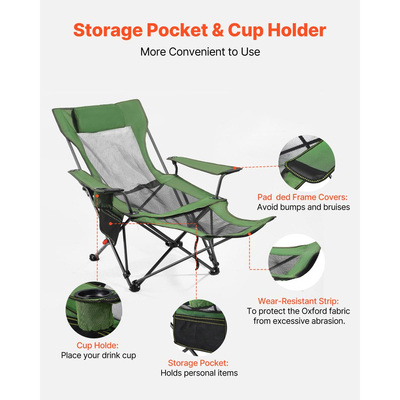 Ανακλινόμενη καρέκλα κάμπινγκ VEVOR, 4 ρυθμιζόμενες θέσεις, φορητή πτυσσόμενη ξαπλώστρα για ενήλικες, καρέκλα παραλίας από πλέγμα με προσκέφαλο και υποπόδιο, υποστηρίζει 120 κιλά, βαριές καρέκλες κάμπινγκ για βεράντα, πράσινη