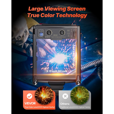 Κράνος συγκόλλησης VEVOR Αυτόματη σκίαση, Κουκούλα συγκόλλησης πραγματικού χρώματος 100 x 80 mm, Μάσκα συγκόλλησης με ηλιακή ενέργεια, 4 αισθητήρες τόξου, Ευρεία σκίαση 4/5-9/9-13 για εφαρμογές κοπής και λείανσης συγκόλλησης TIG MIG - Σειρά METIS