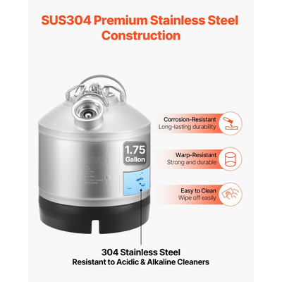 Βαρέλι καθαρισμού VEVOR, Κιτ καθαρισμού γραμμών βαρελιού 6,5 λίτρων με σύνδεση D και λαστιχένια βάση, Καθαριστικό γραμμών μπύρας που χρησιμοποιείται για τον καθαρισμό γραμμών μπύρας, Κιτ καθαρισμού γραμμών μπύρας από ανοξείδωτο ατσάλι 304