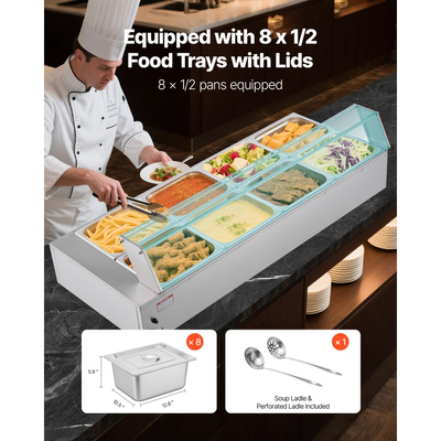 Θερμαντήρας φαγητού VEVOR Επαγγελματικός, Ηλεκτρικός θερμαντήρας φαγητού ατμού από ανοξείδωτο ατσάλι 1700W με γυάλινο κάλυμμα, Μπεν Μαρί μπουφέ 8 ταψιών με σούπα και τρυπητές κουτάλες, για Catering, εστιατόριο και πάρτι