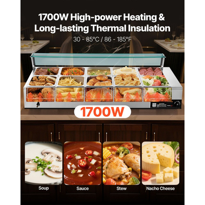 Θερμαντήρας φαγητού VEVOR Επαγγελματικός, Ηλεκτρικός θερμαντήρας φαγητού ατμού από ανοξείδωτο ατσάλι 1700W με γυάλινο κάλυμμα, Μπεν Μαρί Μπουφέ 10 Τηγανιών με Σούπα & Τρυπητές Κουτάλες, για Catering, Εστιατόριο & Πάρτι