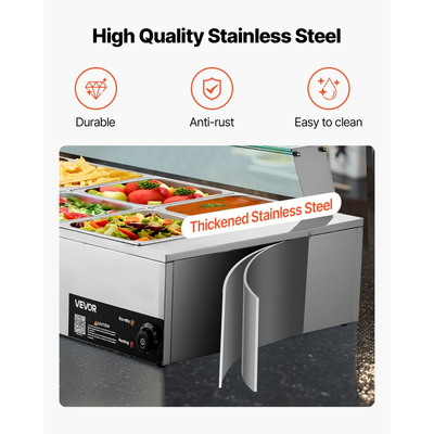 Θερμαντήρας φαγητού VEVOR Επαγγελματικός, Ηλεκτρικός θερμαντήρας φαγητού ατμού από ανοξείδωτο ατσάλι 1700W με γυάλινο κάλυμμα, Μπεν Μαρί Μπουφέ 10 Τηγανιών με Σούπα & Τρυπητές Κουτάλες, για Catering, Εστιατόριο & Πάρτι